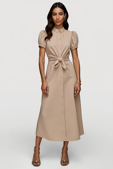 Khaki A Line Midi Lapel Neck Work Dress